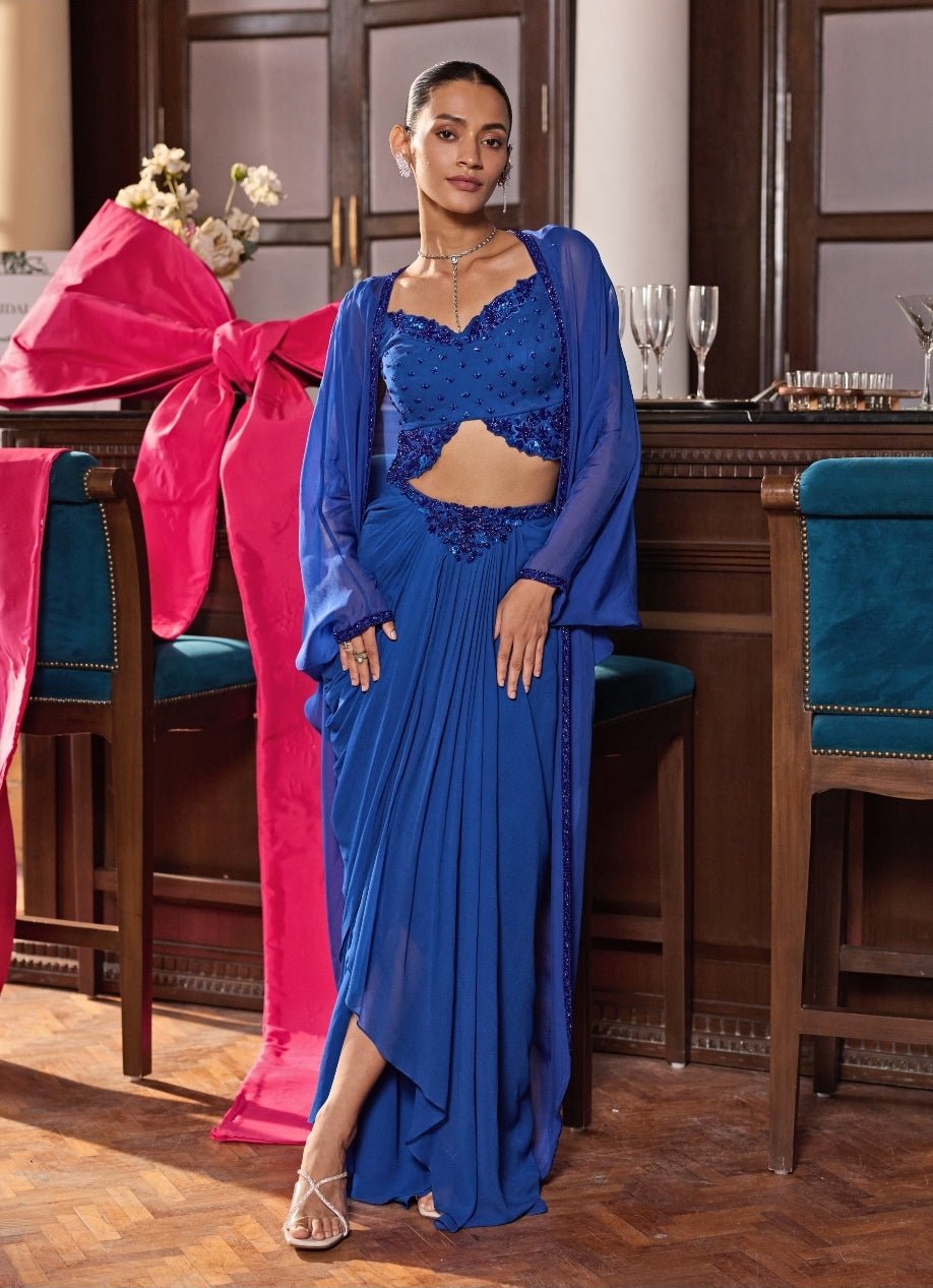 Seema Thukral electric blue georgette cape set with drape skirt — destination wedding guest