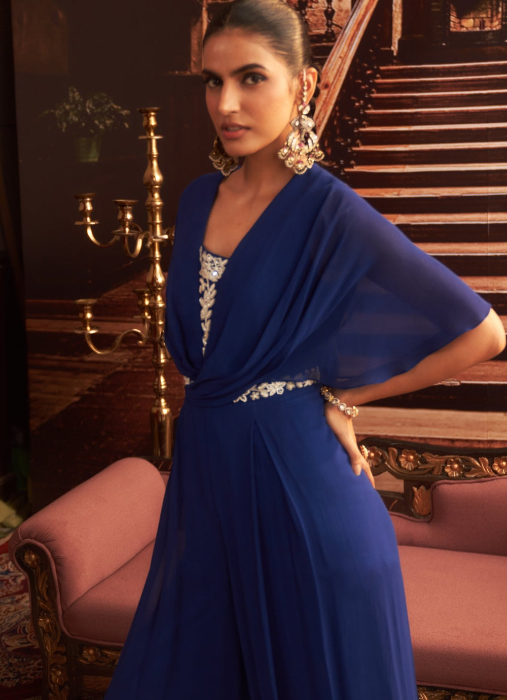 Electric Blue Georgette Embroidered Jumpsuit Seema Thukral - Fabilicious Fashion