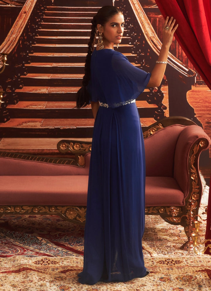 Electric Blue Georgette Embroidered Jumpsuit Seema Thukral - Fabilicious Fashion