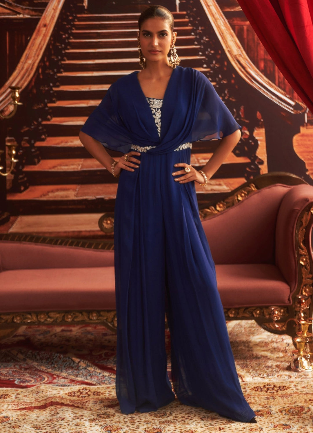 Electric Blue Georgette Embroidered Jumpsuit Seema Thukral - Fabilicious Fashion