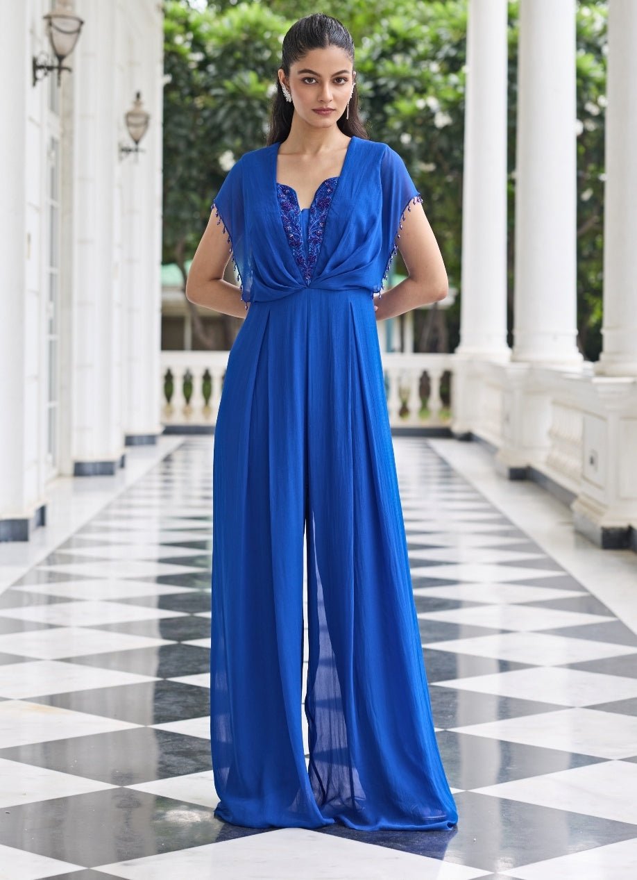 Electric Blue Georgette Pleated Jumpsuit Seema Thukral - Fabilicious Fashion