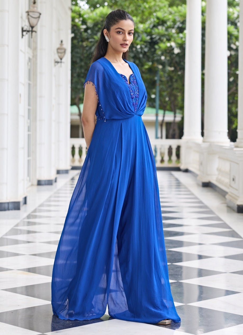 Electric Blue Georgette Pleated Jumpsuit Seema Thukral - Fabilicious Fashion