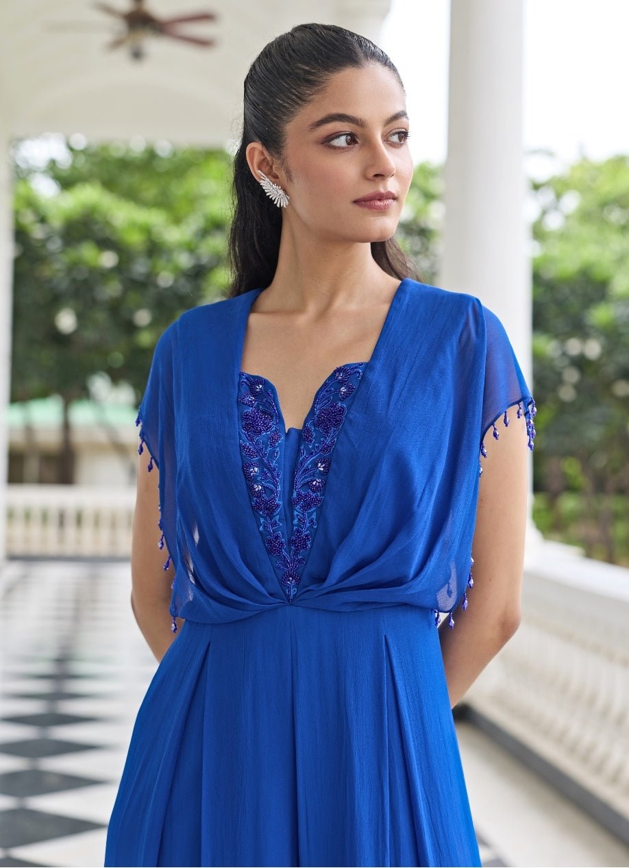 Electric Blue Georgette Pleated Jumpsuit Seema Thukral - Fabilicious Fashion