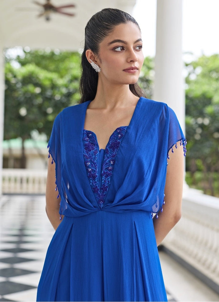 Electric Blue Georgette Pleated Jumpsuit Seema Thukral - Fabilicious Fashion