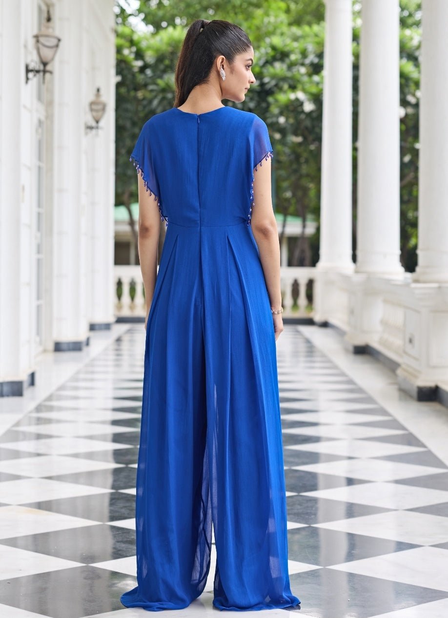 Electric Blue Georgette Pleated Jumpsuit Seema Thukral - Fabilicious Fashion