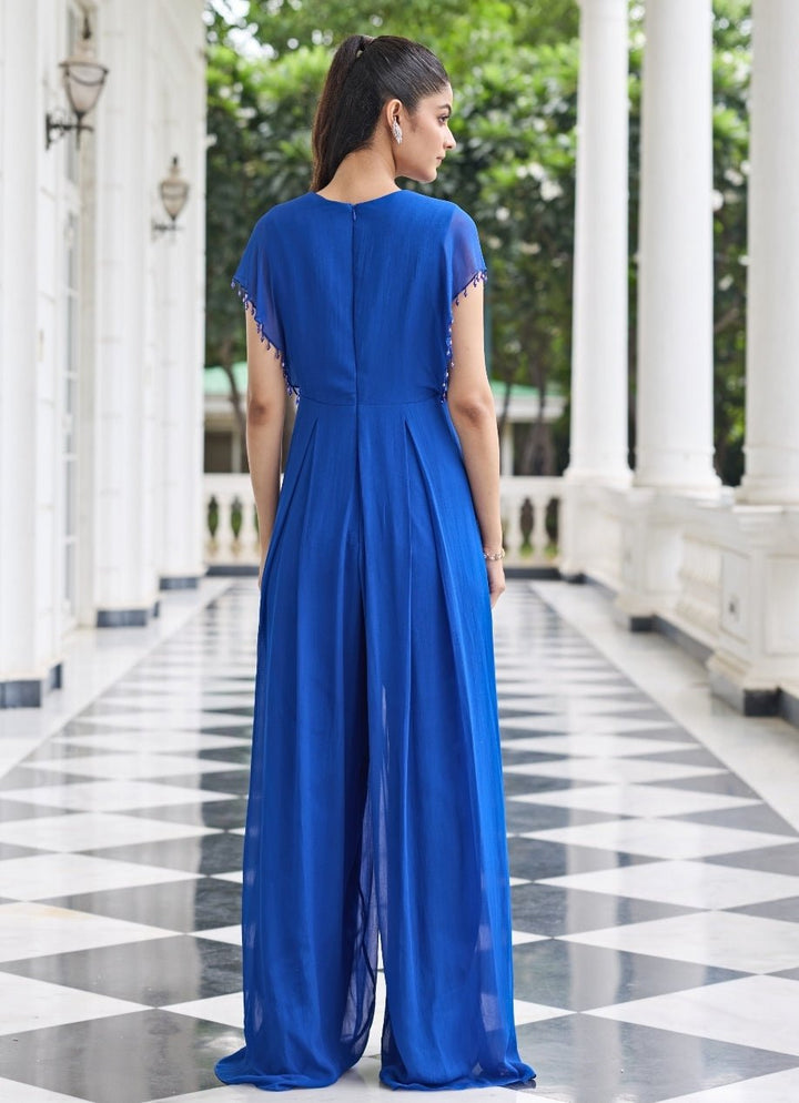 Electric Blue Georgette Pleated Jumpsuit Seema Thukral - Fabilicious Fashion