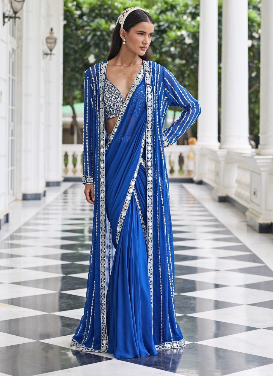 Electric Blue Georgette Pre Draped Saree With Jacket Seema Thukral - Fabilicious Fashion