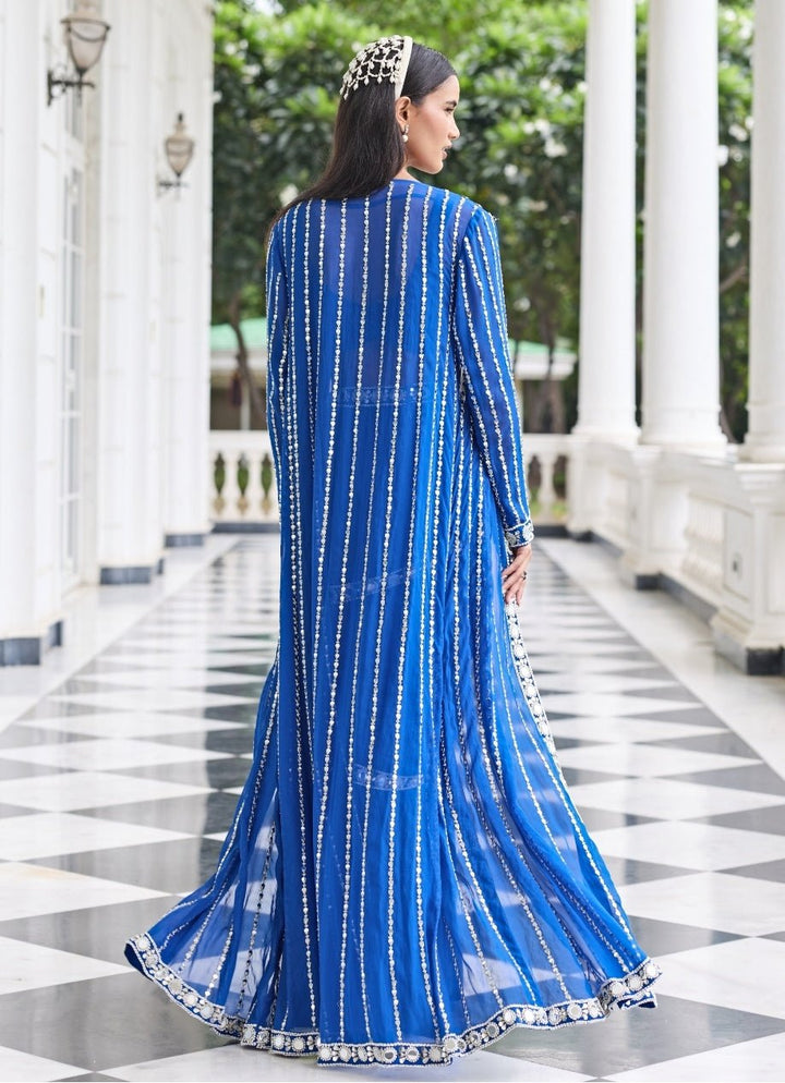 Electric Blue Georgette Pre Draped Saree With Jacket Seema Thukral - Fabilicious Fashion