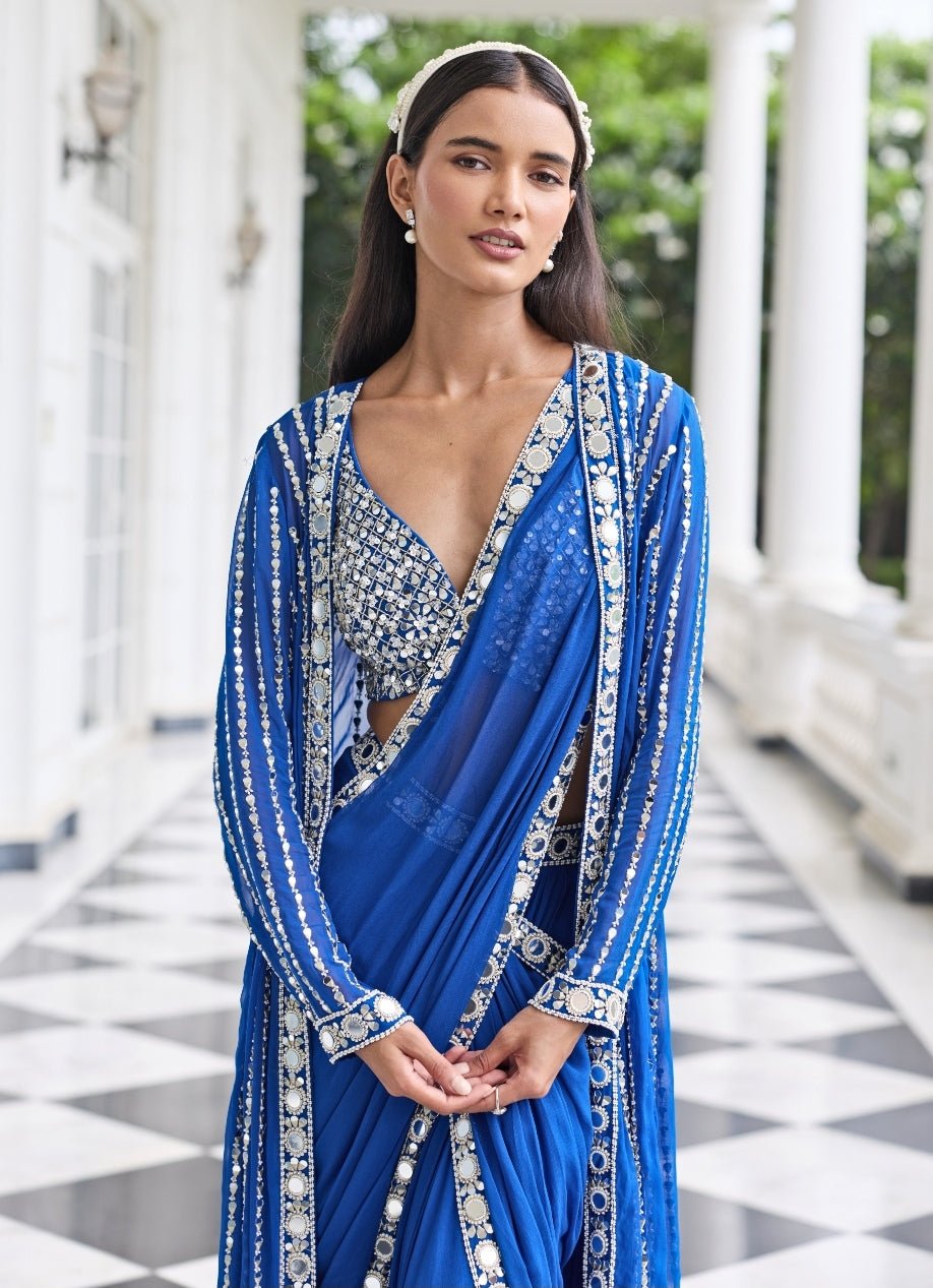 Electric Blue Georgette Pre Draped Saree With Jacket Seema Thukral - Fabilicious Fashion