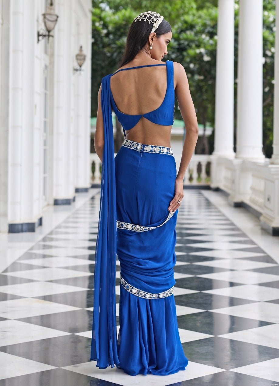 Electric Blue Georgette Pre Draped Saree Seema Thukral - Fabilicious Fashion