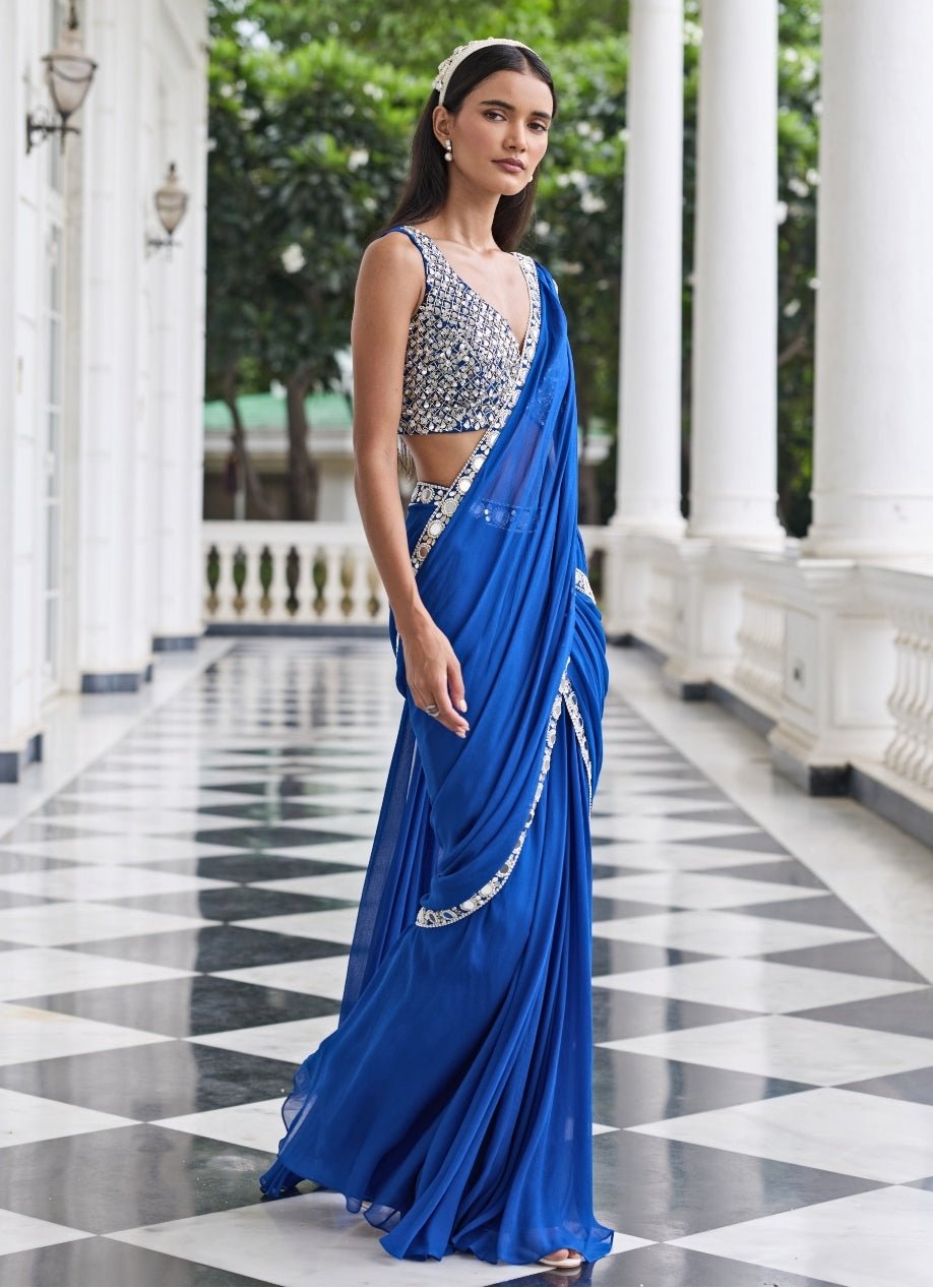 Electric Blue Georgette Pre Draped Saree Seema Thukral - Fabilicious Fashion