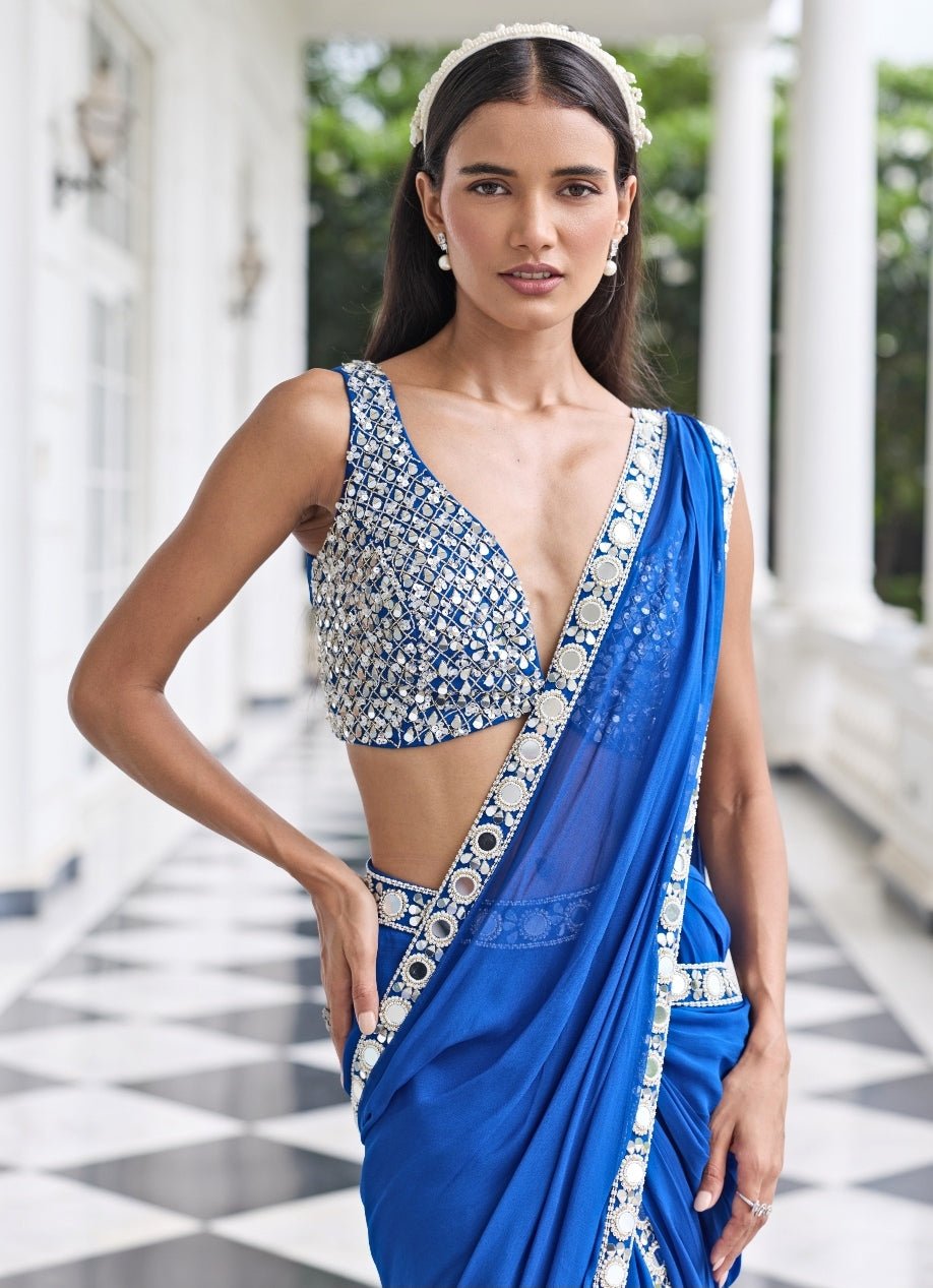 Electric Blue Georgette Pre Draped Saree Seema Thukral - Fabilicious Fashion