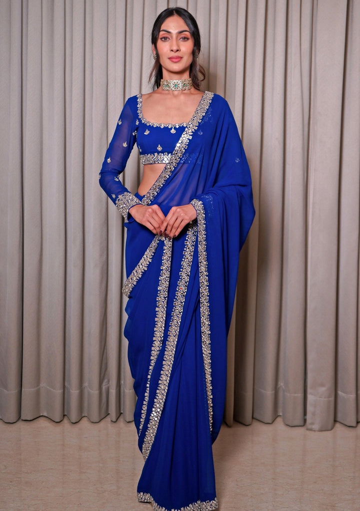 Electric Blue Georgette Saree Set Esha Koul - Fabilicious Fashion