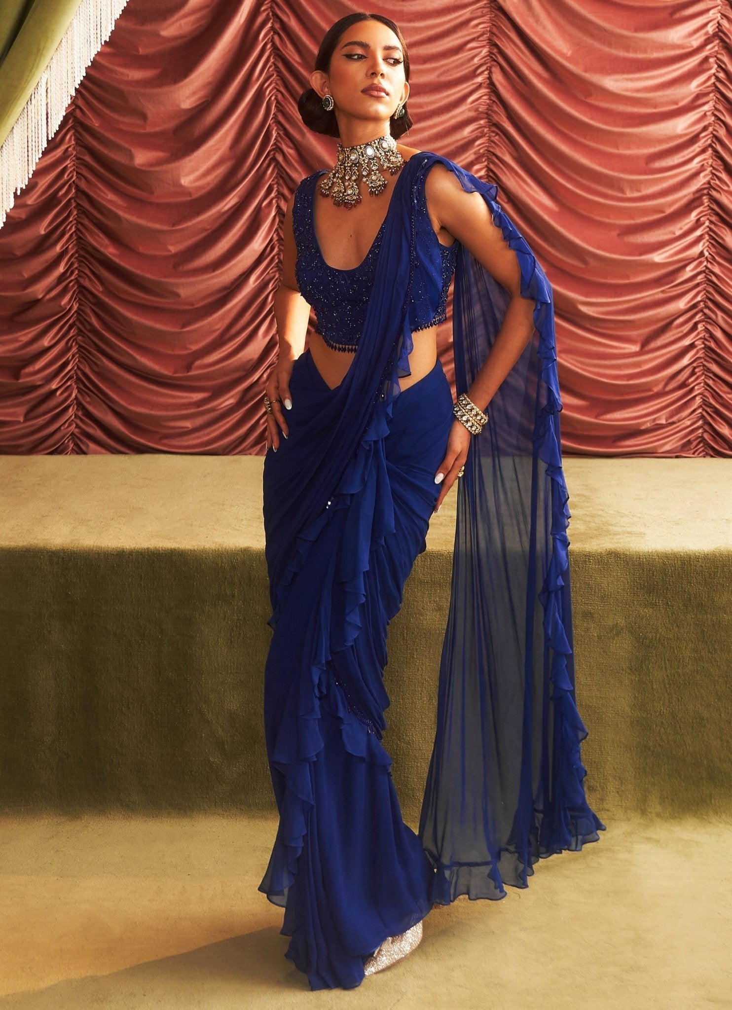 Electric blue pre-draped georgette ruffle saree — modern saree by Seema Thukral