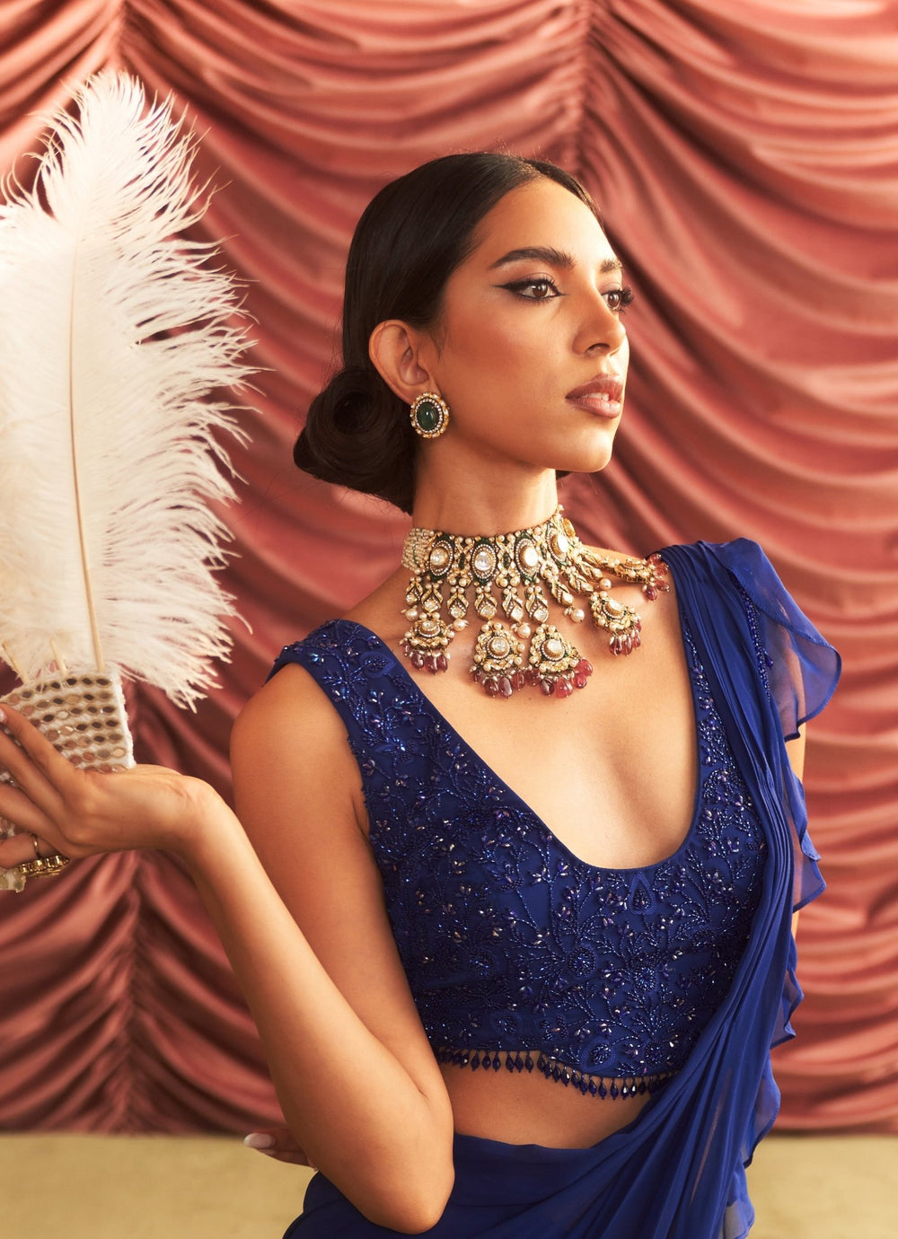 Electric Blue Pre Draped Georgette Ruffle Saree Set Seema Thukral - Fabilicious Fashion