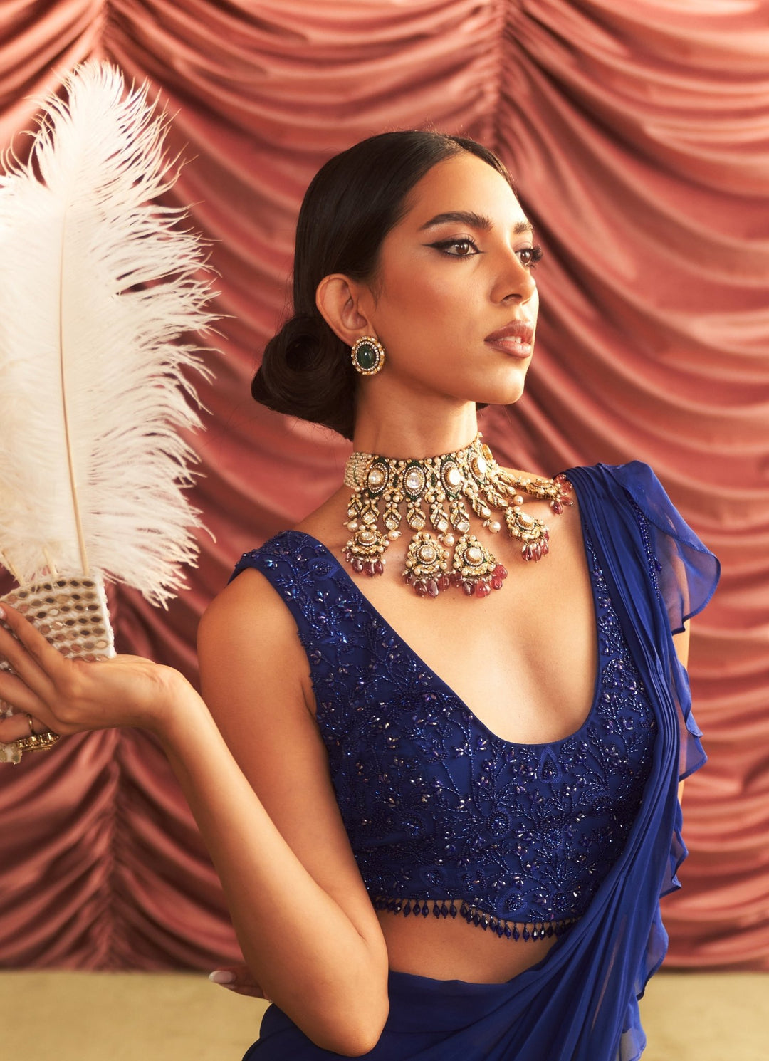 Electric Blue Pre Draped Georgette Ruffle Saree Set Seema Thukral - Fabilicious Fashion