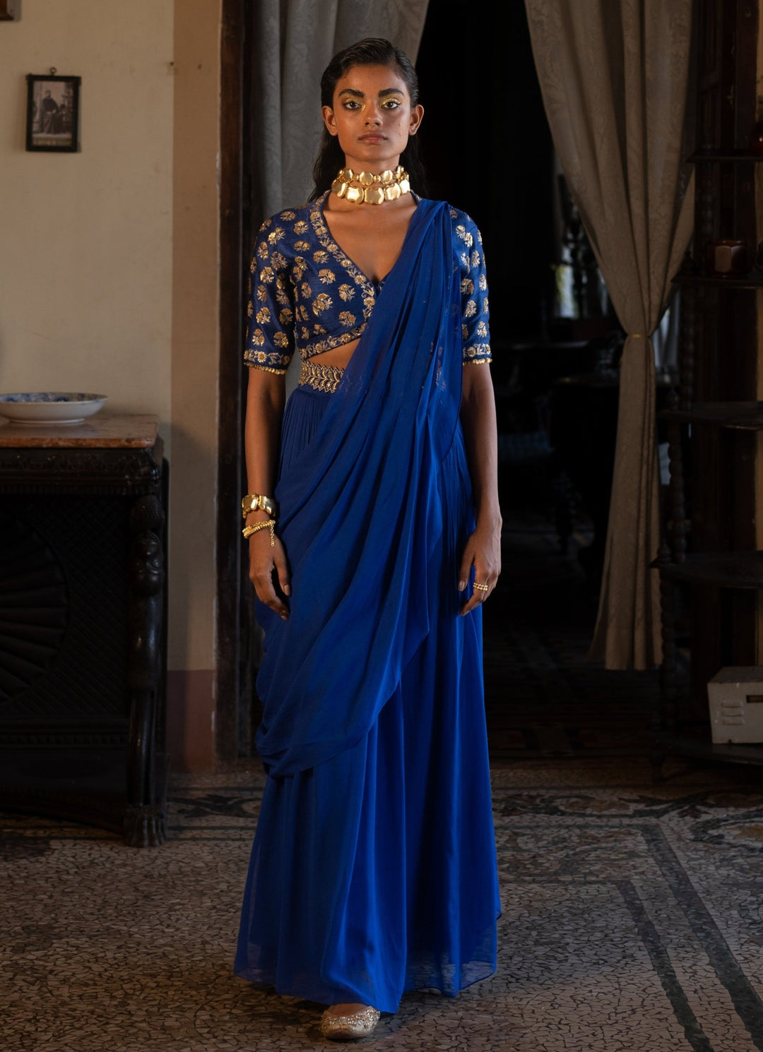 Electric Blue Predraped Georgette Saree Paulmi and Harsh - Fabilicious Fashion