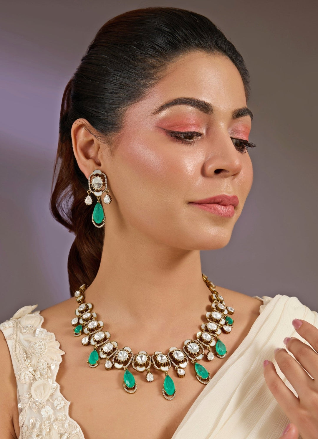 Elegant Green Drop Kundan Necklace Set Vivinia By Vidhi Mehra - Fabilicious Fashion