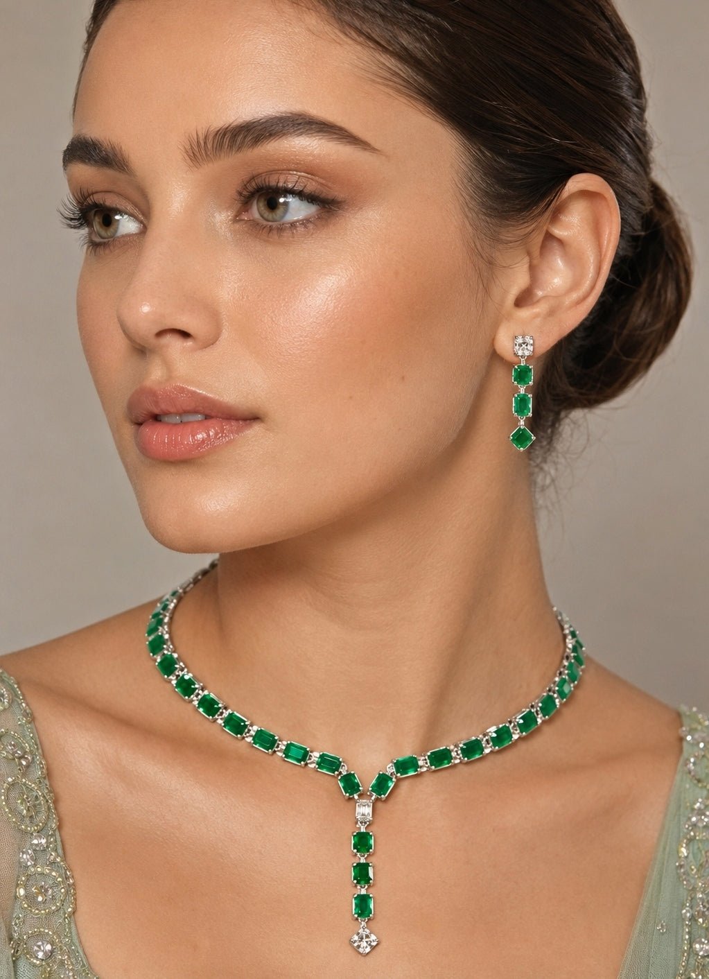 Zevar by Geeta Emerald And Diamond Sleek Necklace SetFabilicious Fashion