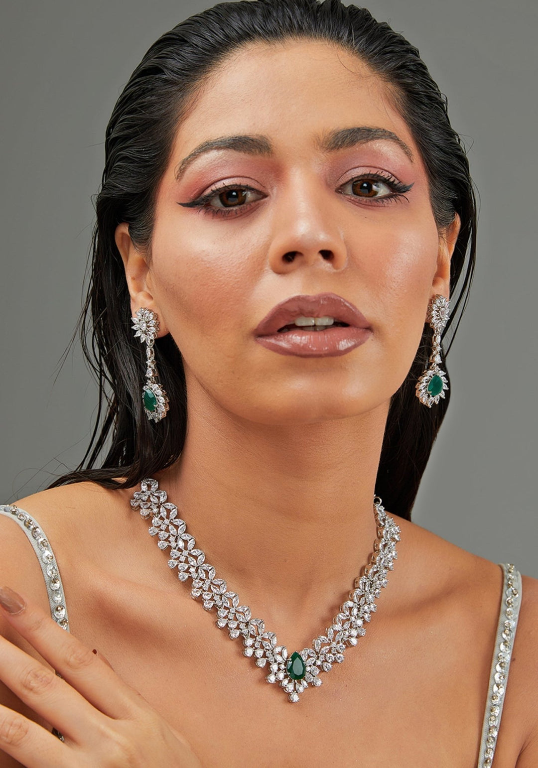 Emerald And Faux Diamond Necklace Set Zevar by Geeta - Fabilicious Fashion