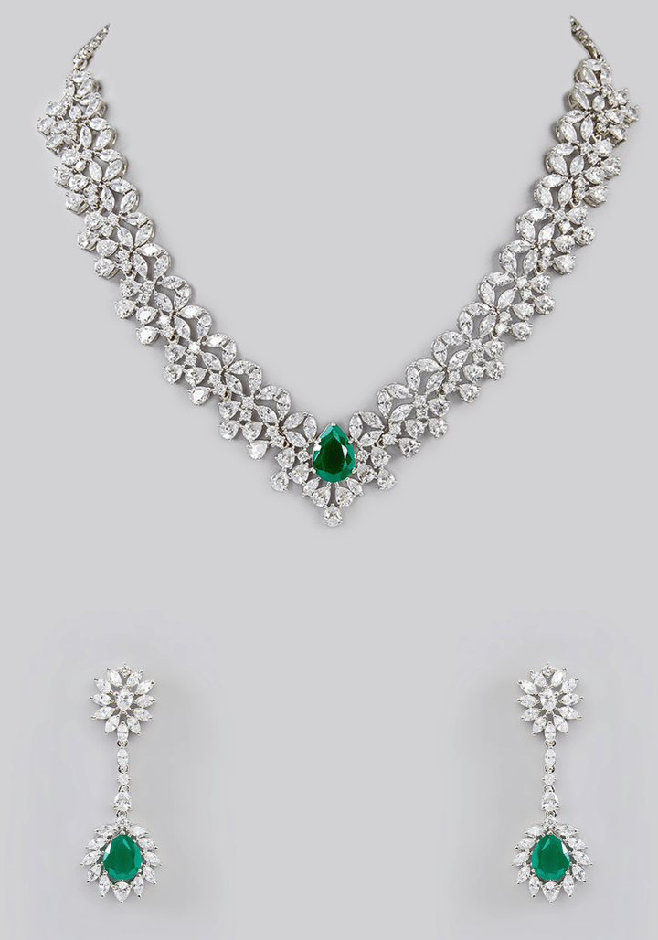 Emerald And Faux Diamond Necklace Set Zevar by Geeta - Fabilicious Fashion