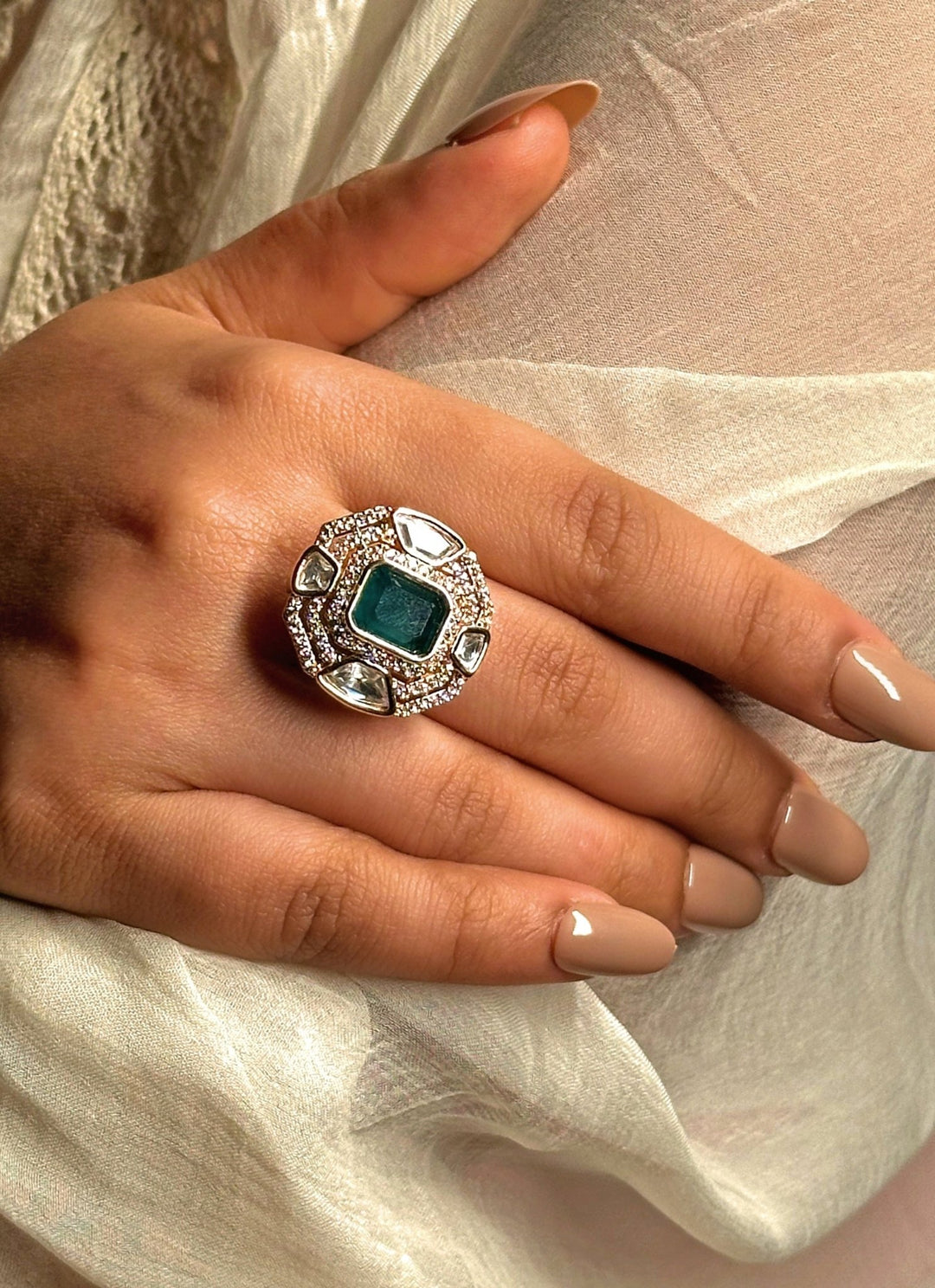 Naymee Emerald And Gold Kundan RingFabilicious Fashion