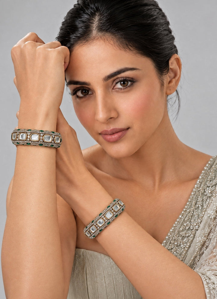 Vivinia By Vidhi Mehra Emerald And Gold Moissanite Polki BanglesFabilicious Fashion