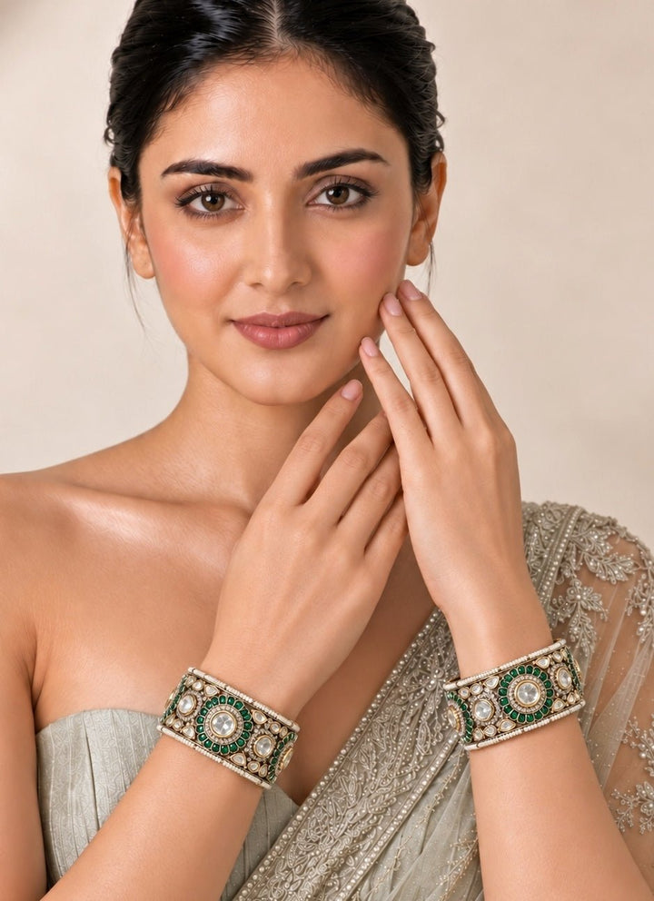 Vivinia By Vidhi Mehra Emerald And Gold Moissanite Polki Statement BanglesFabilicious Fashion