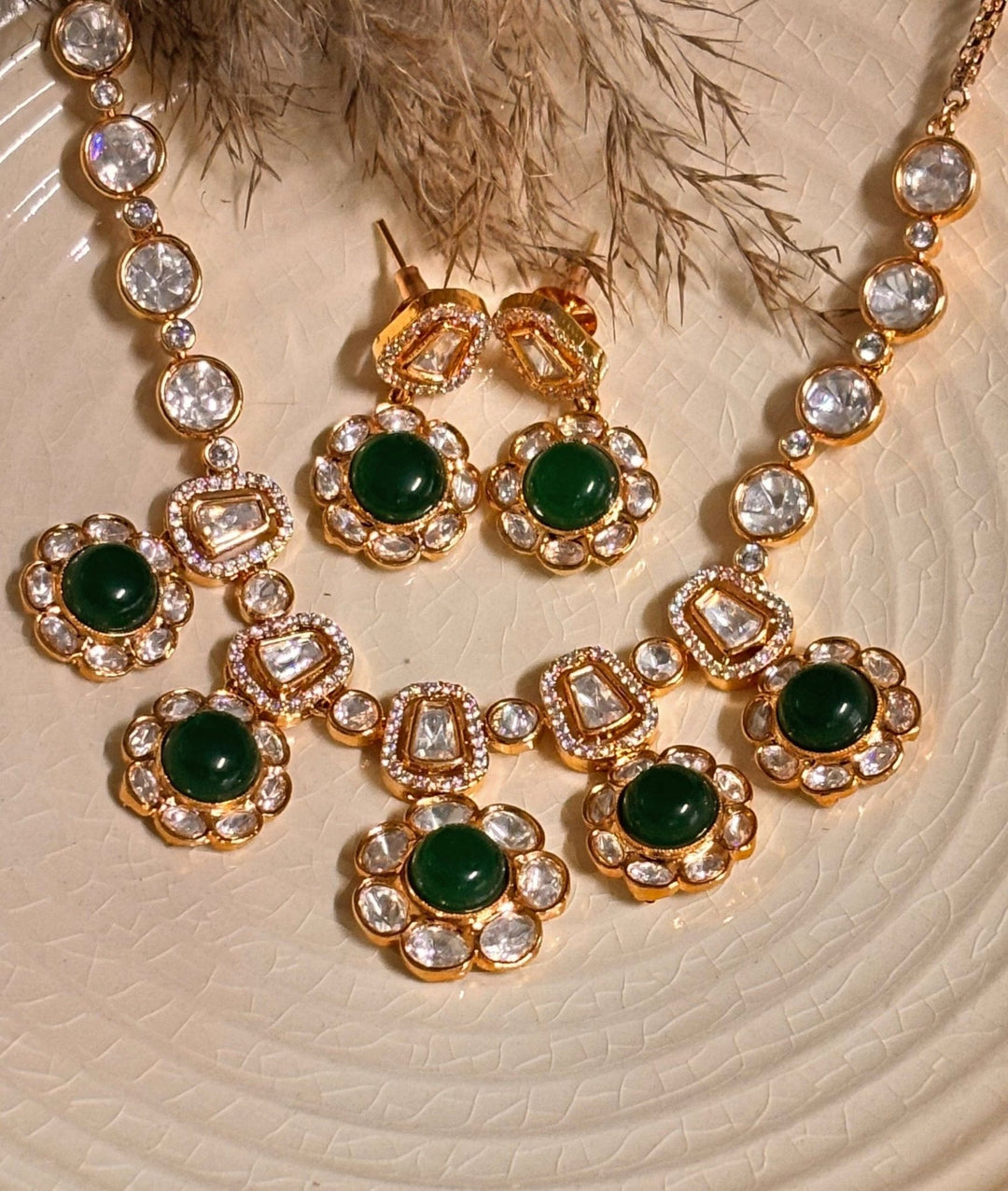 Naymee Emerald And Gold Polki Necklace SetFabilicious Fashion