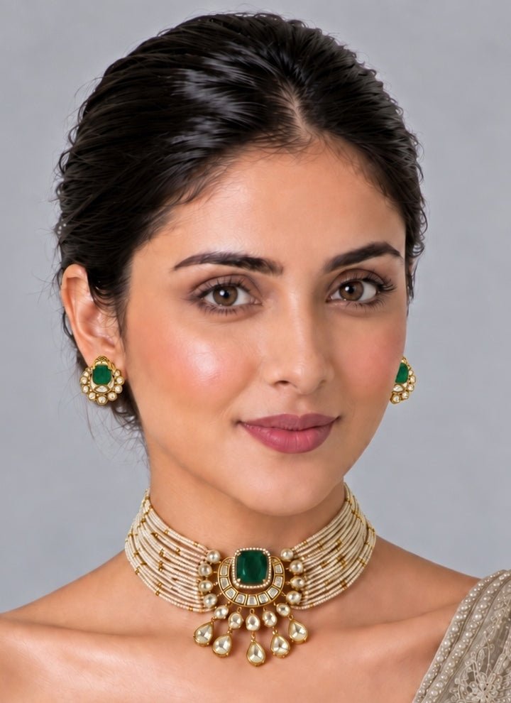 Vivinia By Vidhi Mehra Emerald And Pearl Moissanite Polki Choker SetFabilicious Fashion
