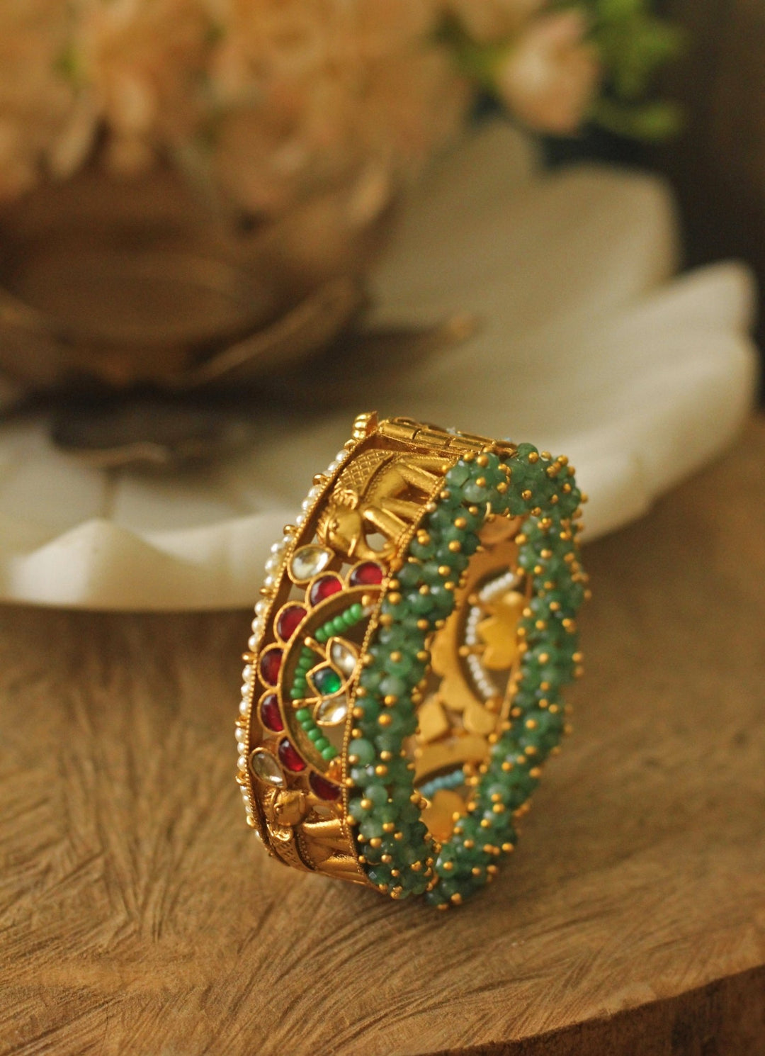 Emerald And Pearl Polki Bangle Riana by Shikha Jindal - Fabilicious Fashion