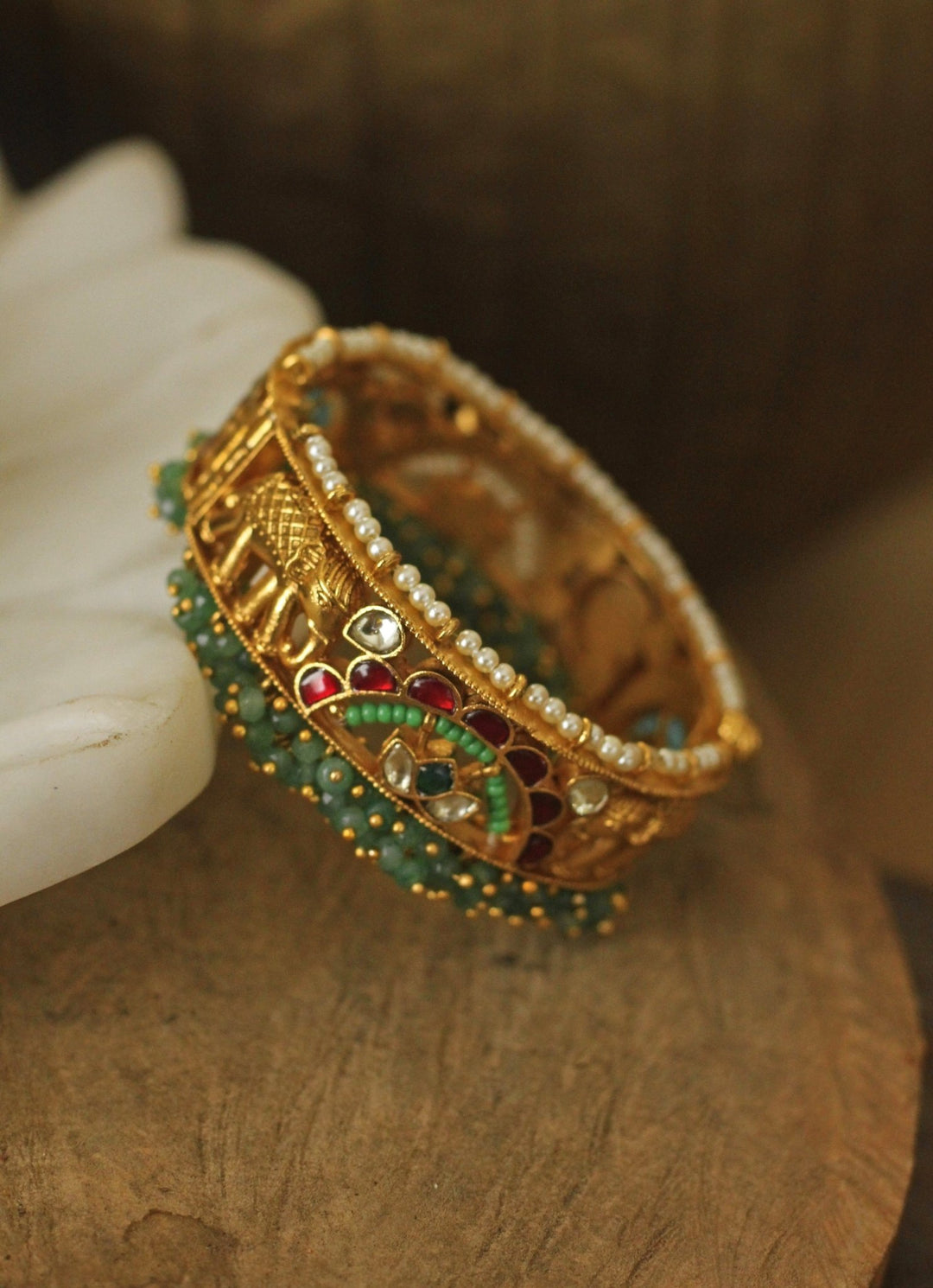 Emerald And Pearl Polki Bangle Riana by Shikha Jindal - Fabilicious Fashion