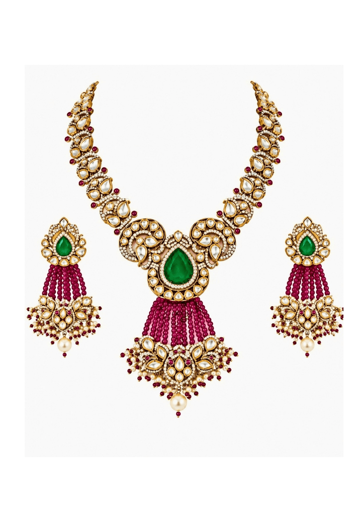 Vivinia By Vidhi Mehra Emerald And Ruby Moissanite Polki Necklace SetFabilicious Fashion