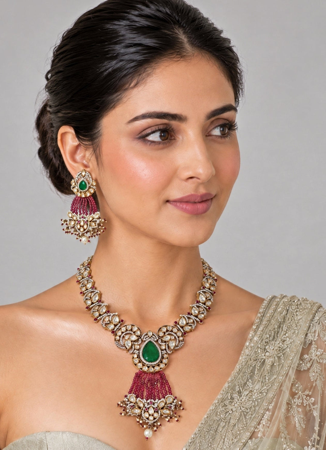 Vivinia By Vidhi Mehra Emerald And Ruby Moissanite Polki Necklace SetFabilicious Fashion