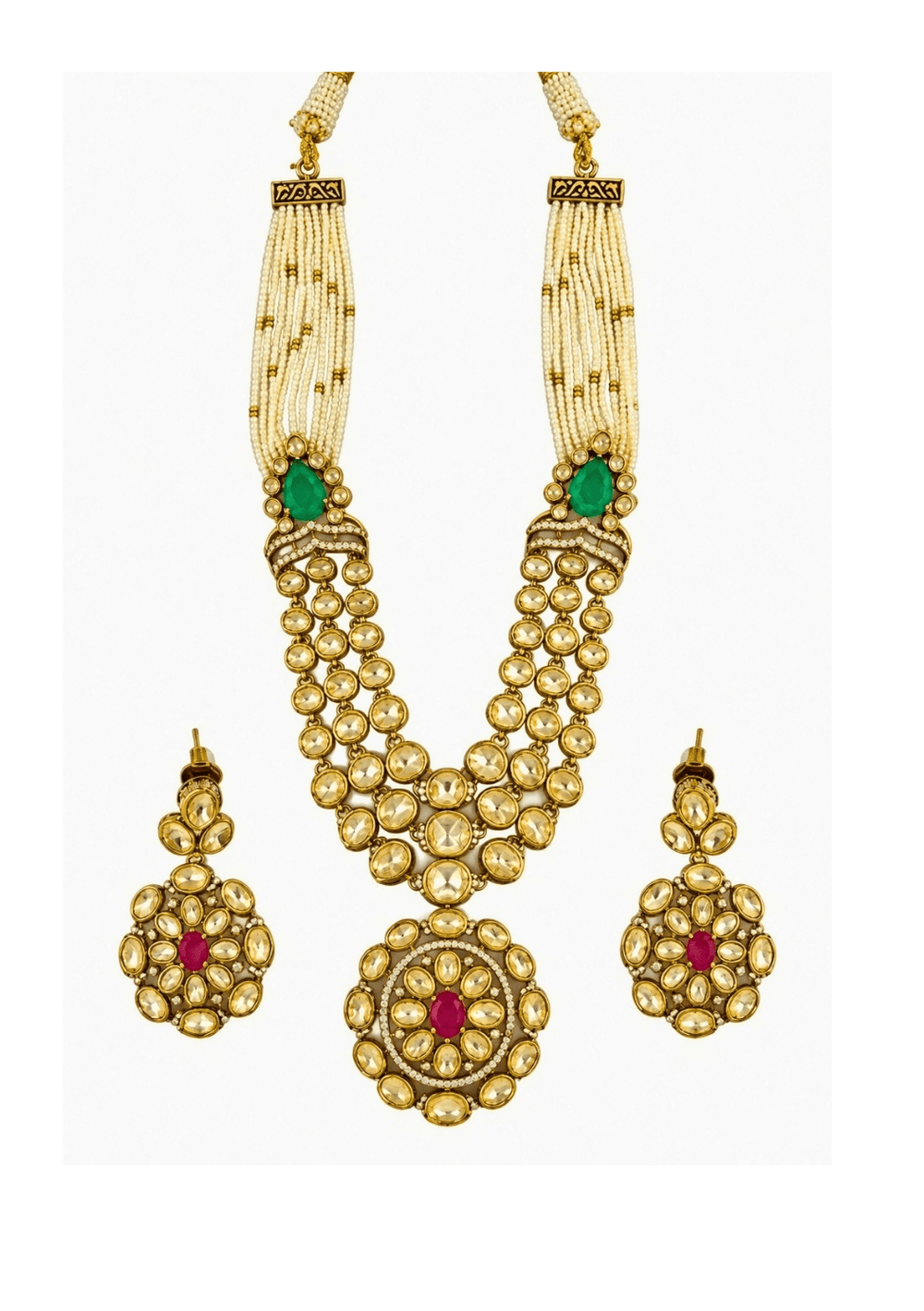 Vivinia By Vidhi Mehra Emerald And Ruby Moissanite Polki Pearl Necklace SetFabilicious Fashion