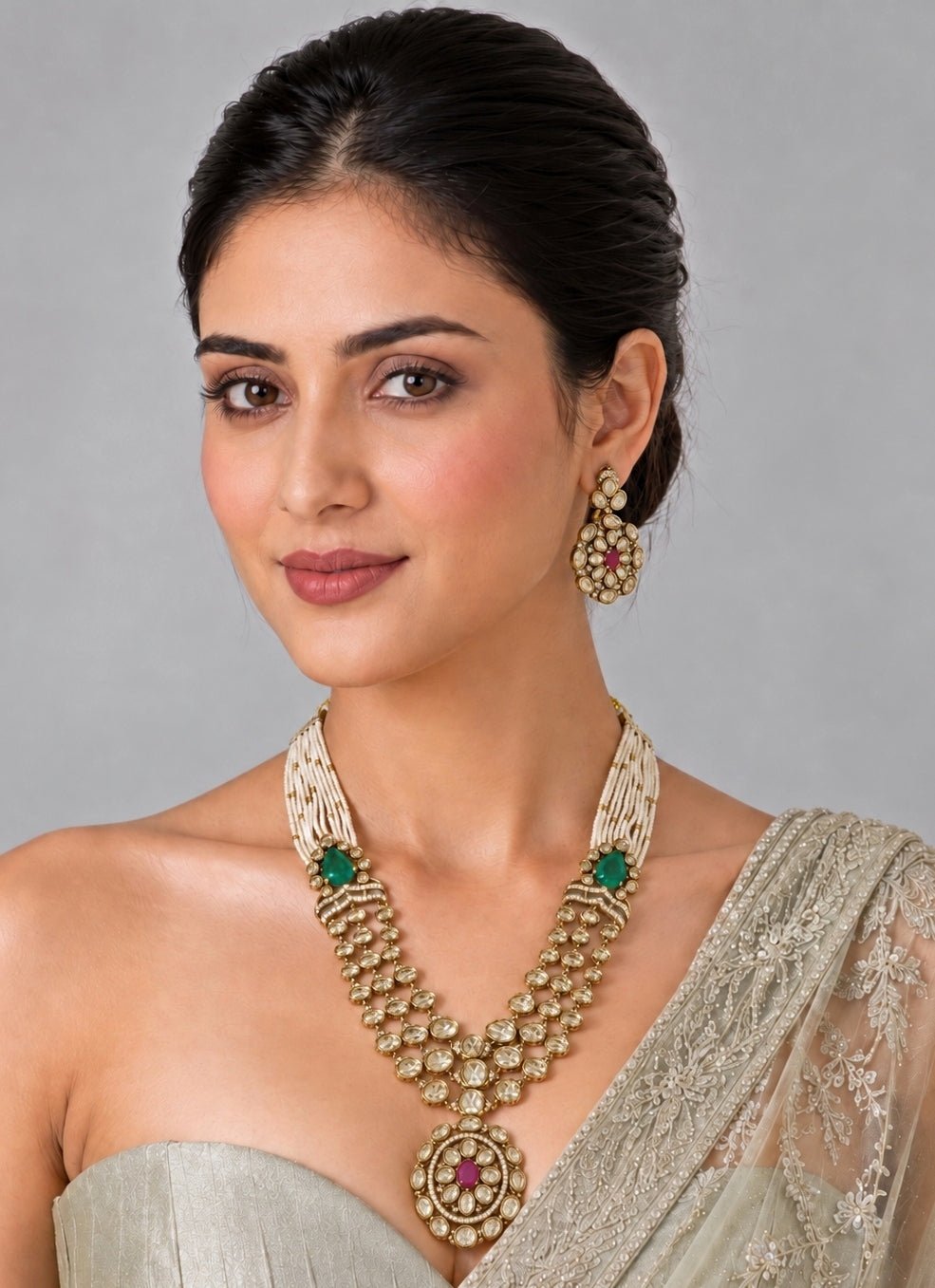 Vivinia By Vidhi Mehra Emerald And Ruby Moissanite Polki Pearl Necklace SetFabilicious Fashion