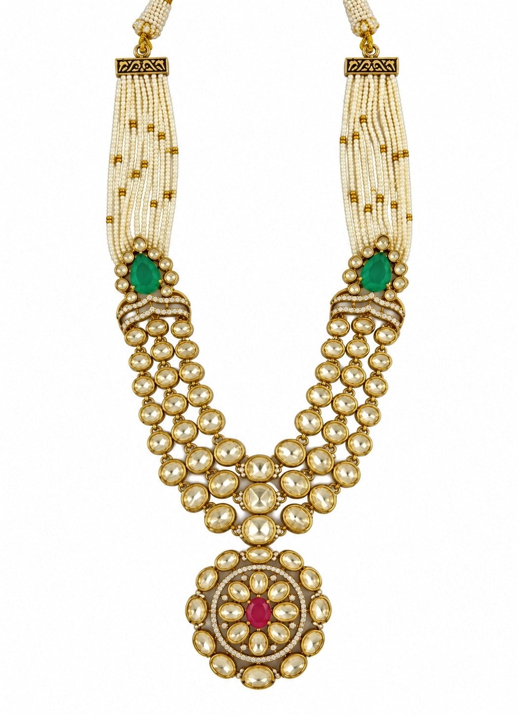 Vivinia By Vidhi Mehra Emerald And Ruby Moissanite Polki Pearl Necklace SetFabilicious Fashion