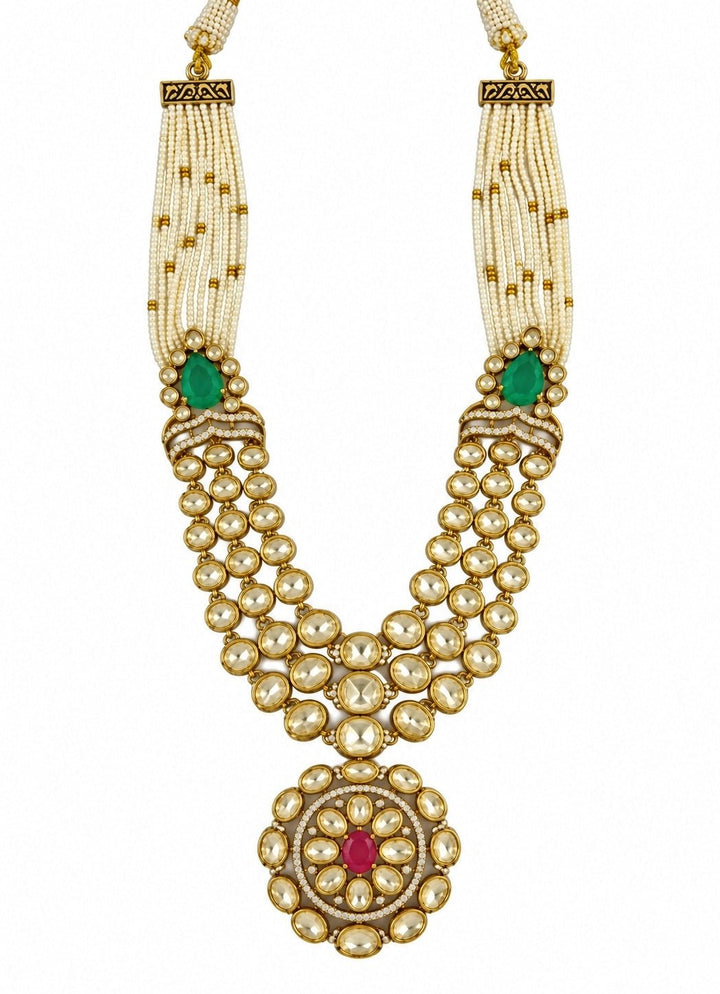 Vivinia By Vidhi Mehra Emerald And Ruby Moissanite Polki Pearl Necklace SetFabilicious Fashion