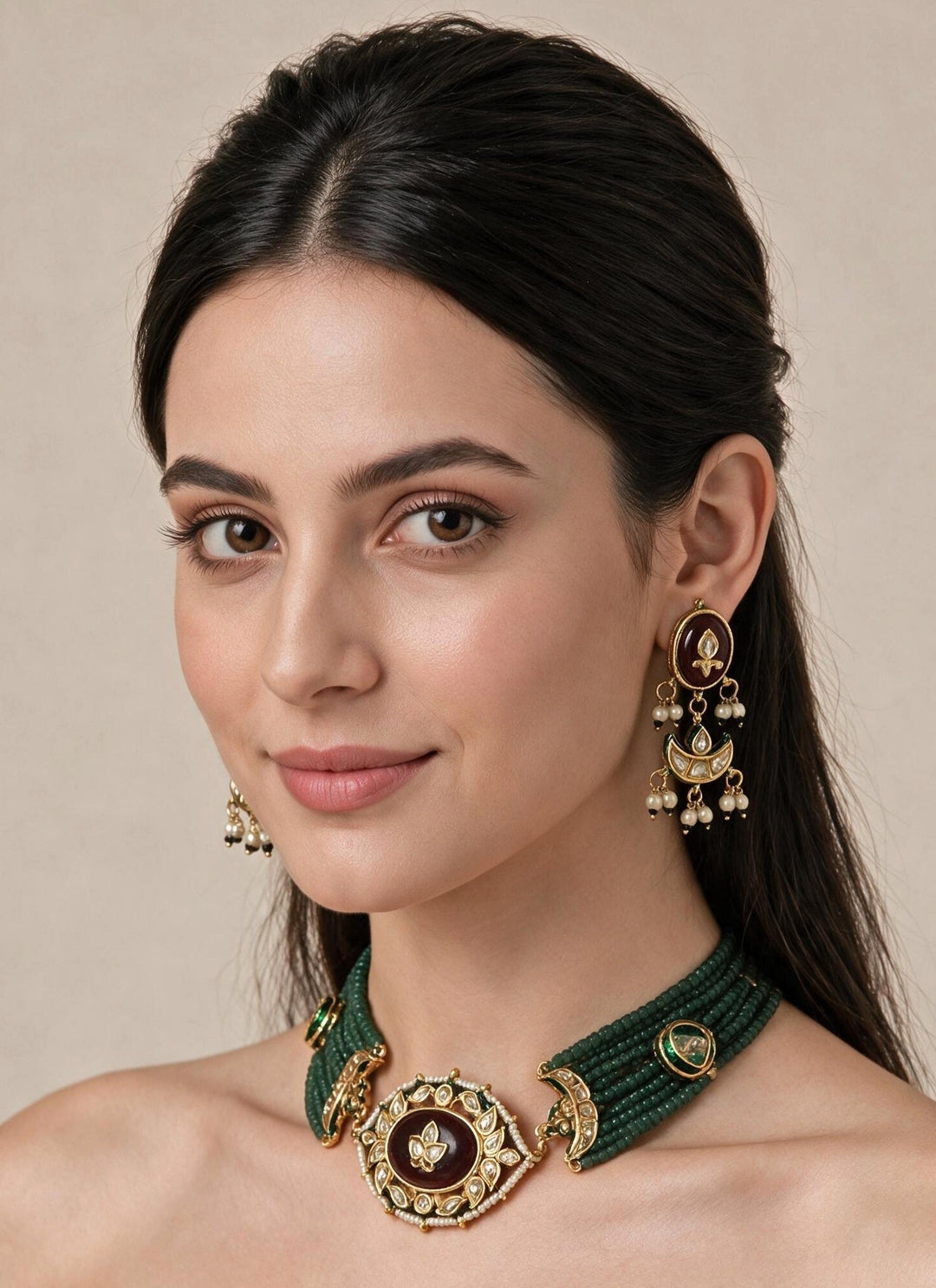Vivinia By Vidhi Mehra Emerald Beaded Gold Kundan Choker SetFabilicious Fashion