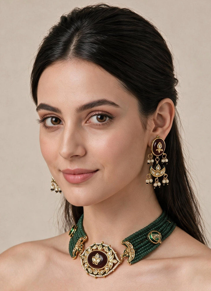 Vivinia By Vidhi Mehra Emerald Beaded Gold Kundan Choker SetFabilicious Fashion