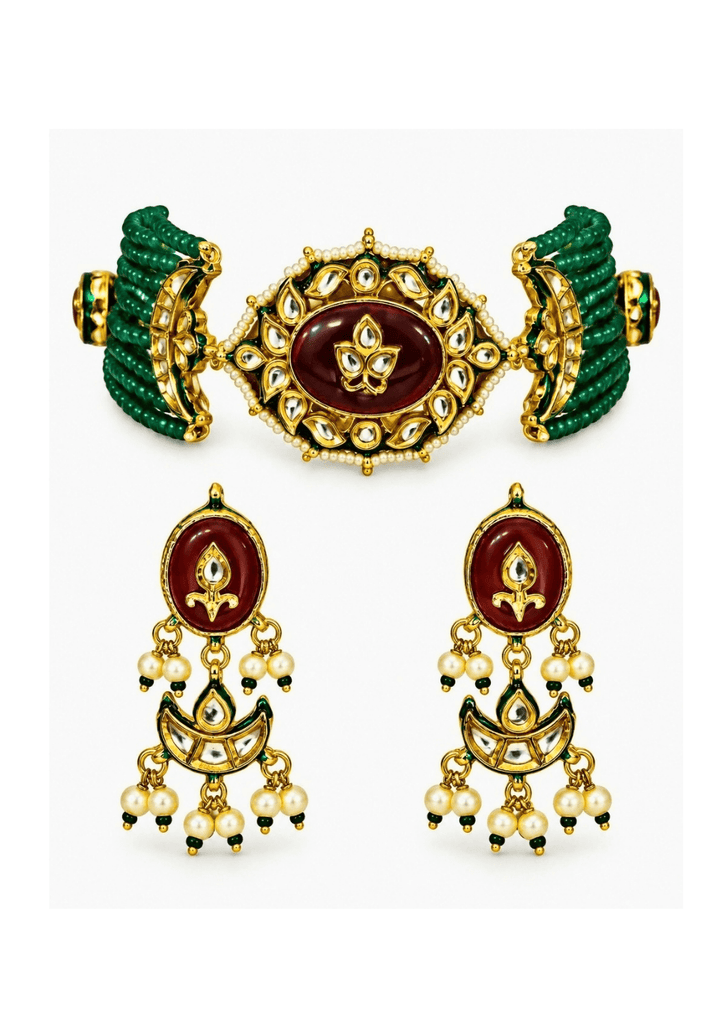 Vivinia By Vidhi Mehra Emerald Beaded Gold Kundan Choker SetFabilicious Fashion