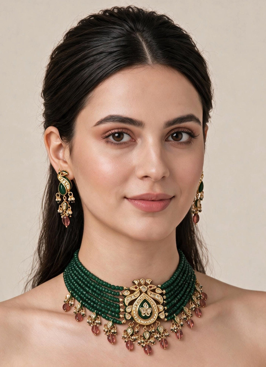 Vivinia By Vidhi Mehra Emerald Beaded Kundan Choker SetFabilicious Fashion