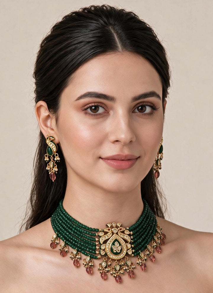 Vivinia By Vidhi Mehra Emerald Beaded Kundan Choker SetFabilicious Fashion
