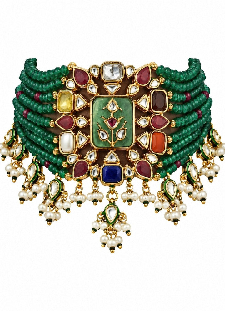 Vivinia By Vidhi Mehra Emerald Beaded Multistone And Kundan Choker SetFabilicious Fashion