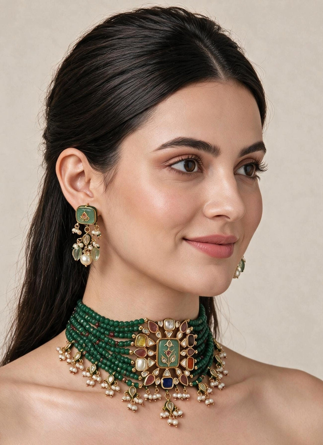 Vivinia By Vidhi Mehra Emerald Beaded Multistone And Kundan Choker SetFabilicious Fashion