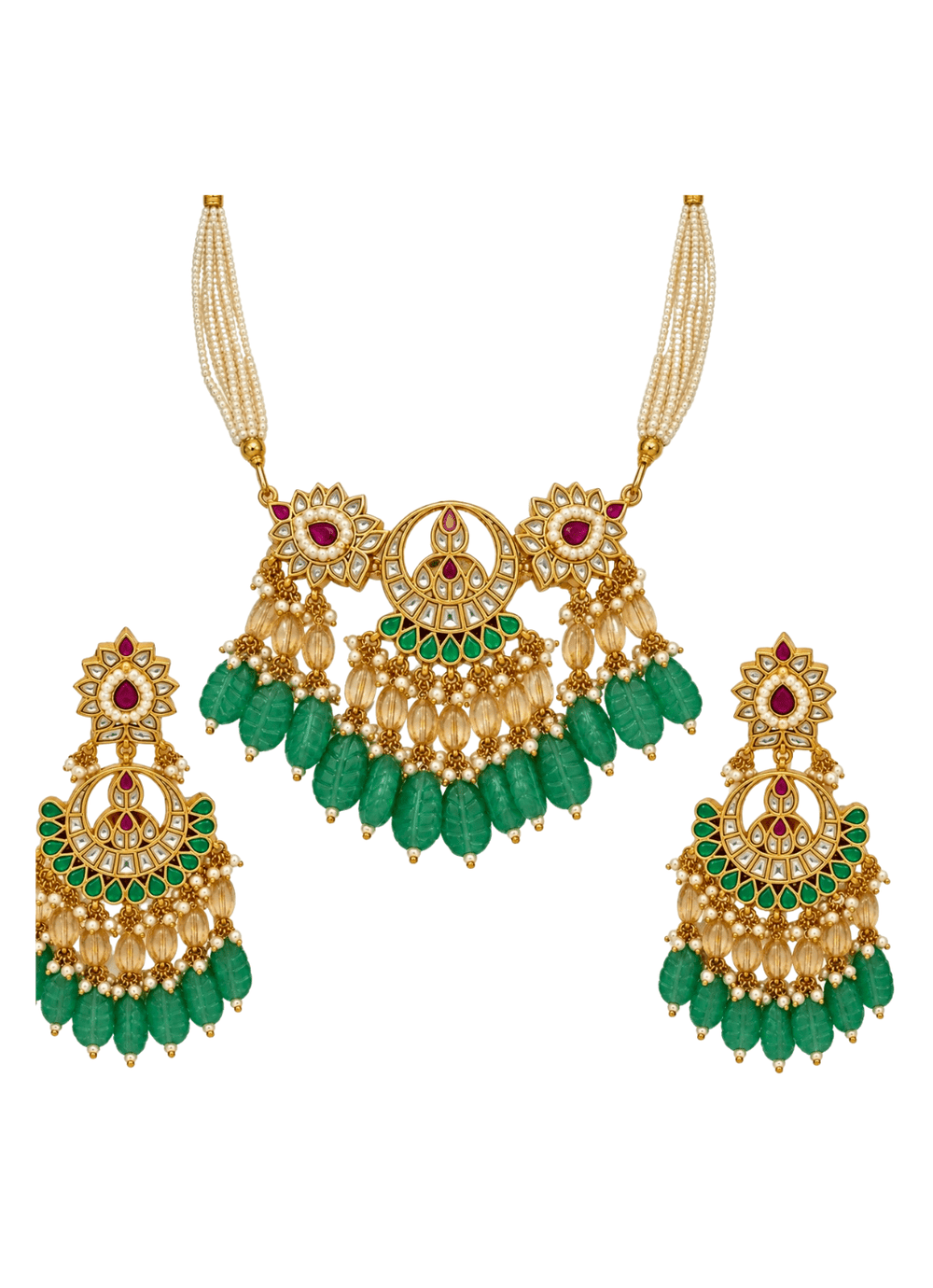 Vivinia By Vidhi Mehra Emerald Carved Beaded Kundan Necklace SetFabilicious Fashion