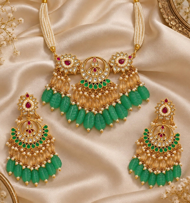 Vivinia By Vidhi Mehra Emerald Carved Beaded Kundan Necklace SetFabilicious Fashion
