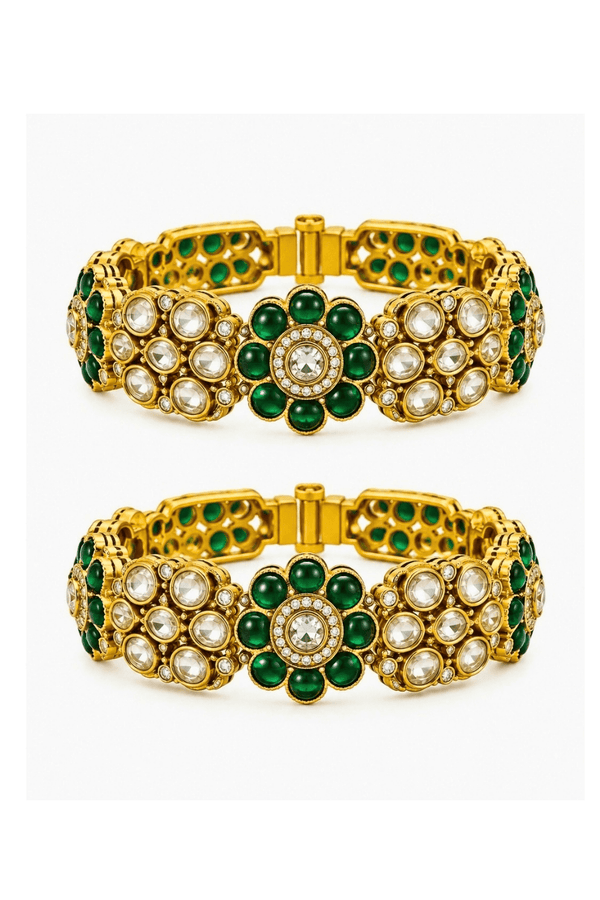 Vivinia by Vidhi Mehra emerald floral moissanite polki bangles with pearl detailing for mehendi