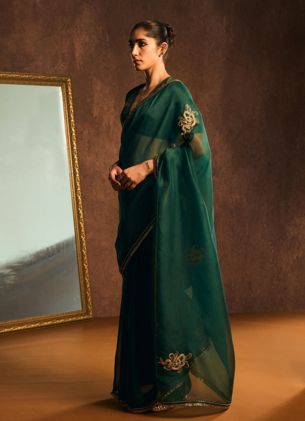 Emerald Green And Gold Pure Silk Organza Saree Kapardara - Fabilicious Fashion