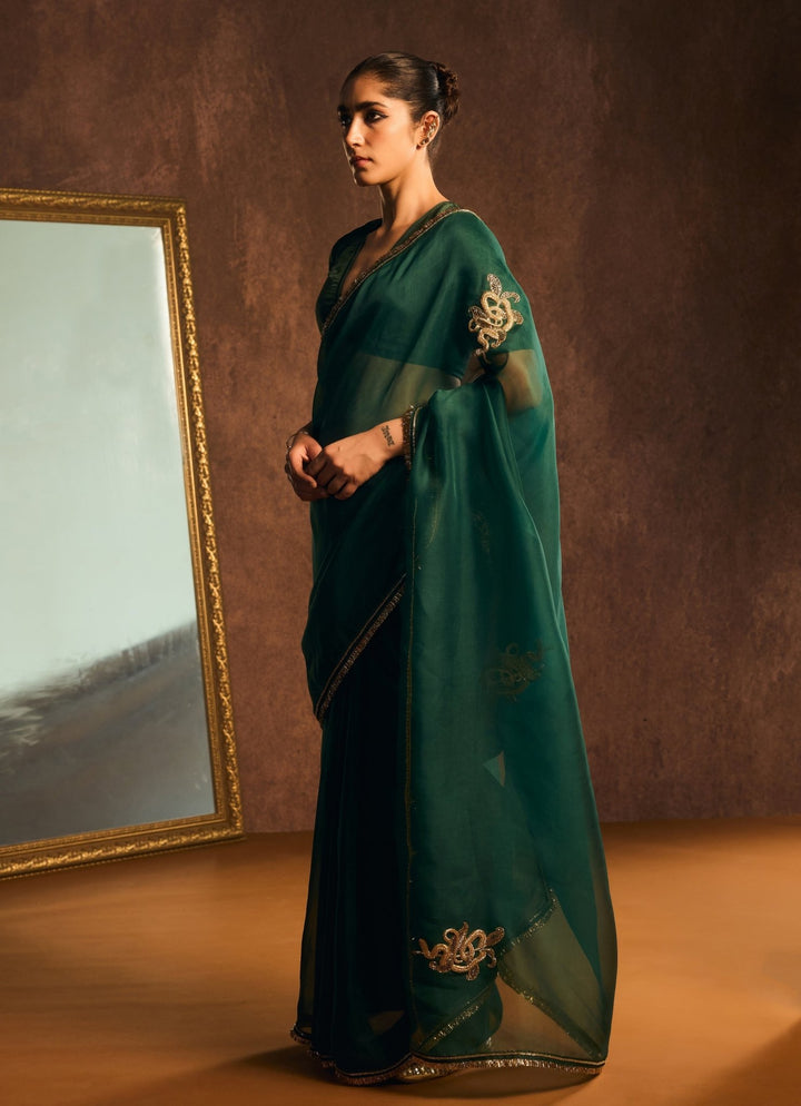 Emerald Green And Gold Pure Silk Organza Saree Kapardara - Fabilicious Fashion